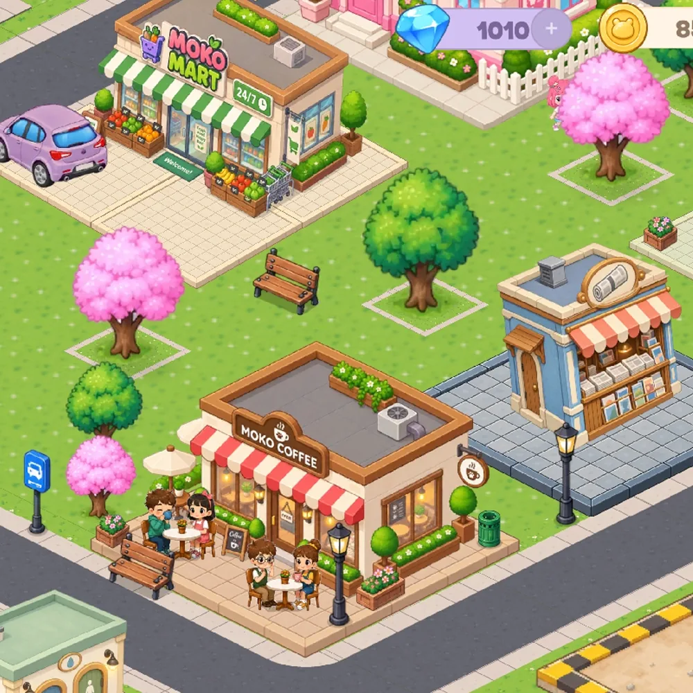 Explore the shops and streets of Moko Town