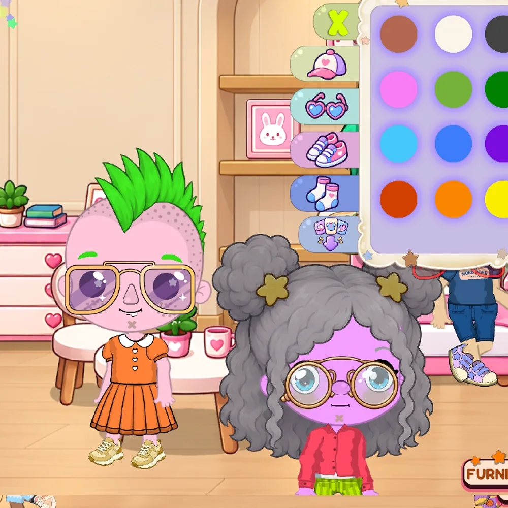 Different hairstyles, glasses and outfits in Moko Life